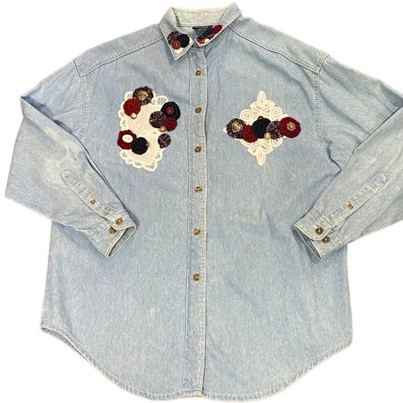 Three Rivers Womens Large Vintage Denim Shirt with vintage quilt pieces/doilies - Picture 1 of 8
